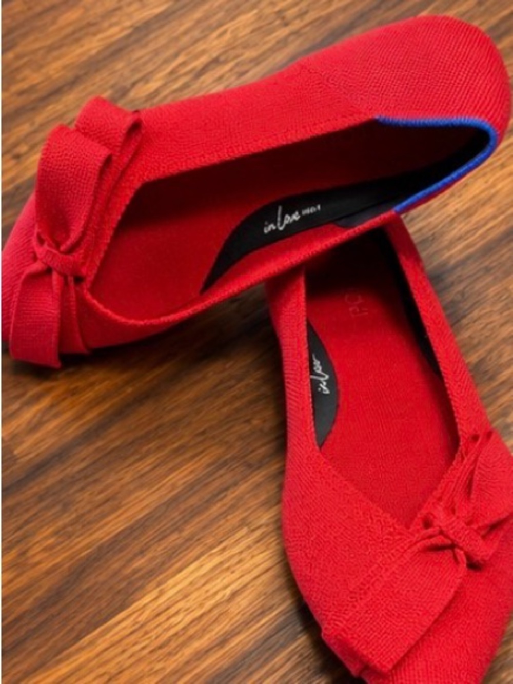 Rothy's Red Pointed Bow Flats - Women's Slip-On Knit Loafers, size 10